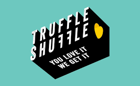 Logo with stylised text "Truffle Shuffle" on a black tilted block with a yellow heart. Below, smaller text reads "You Love It, We Get It." Background is teal. Perfect for your digital marketing needs.